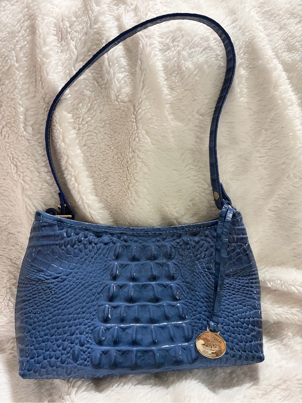 Brahmin Navy Blue Croc-Embossed Shoulder Bag with Gold Medallion